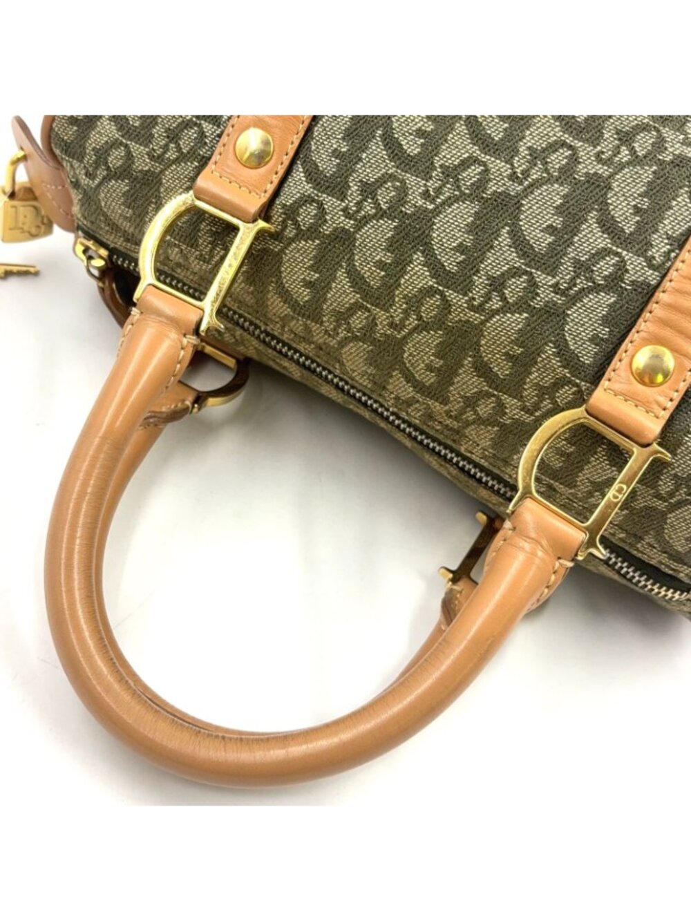 Dior Trotter Mini Leather Canvas Khaki Green Light Brown Boston Bag Gold - Picture 6 of 15